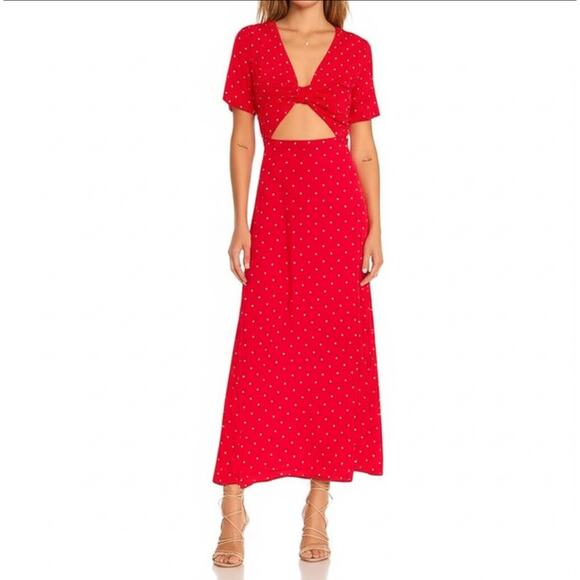 Maje Women's Red Polka Dot Textured Floral Tie Front Cutout Midi Dress Size 36 - Picture 1 of 9